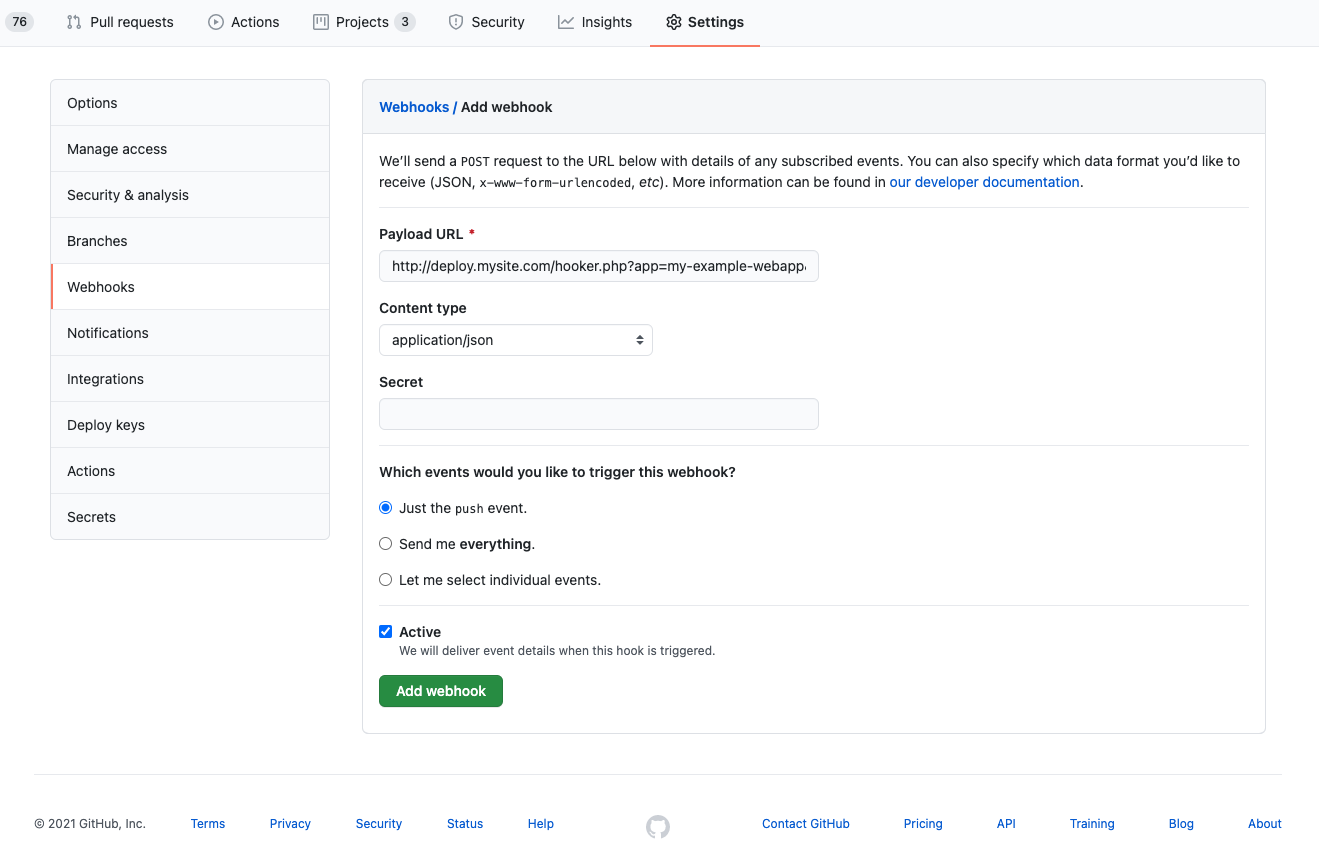 Example GitHub webhook configuration. GitHub web hook configuration