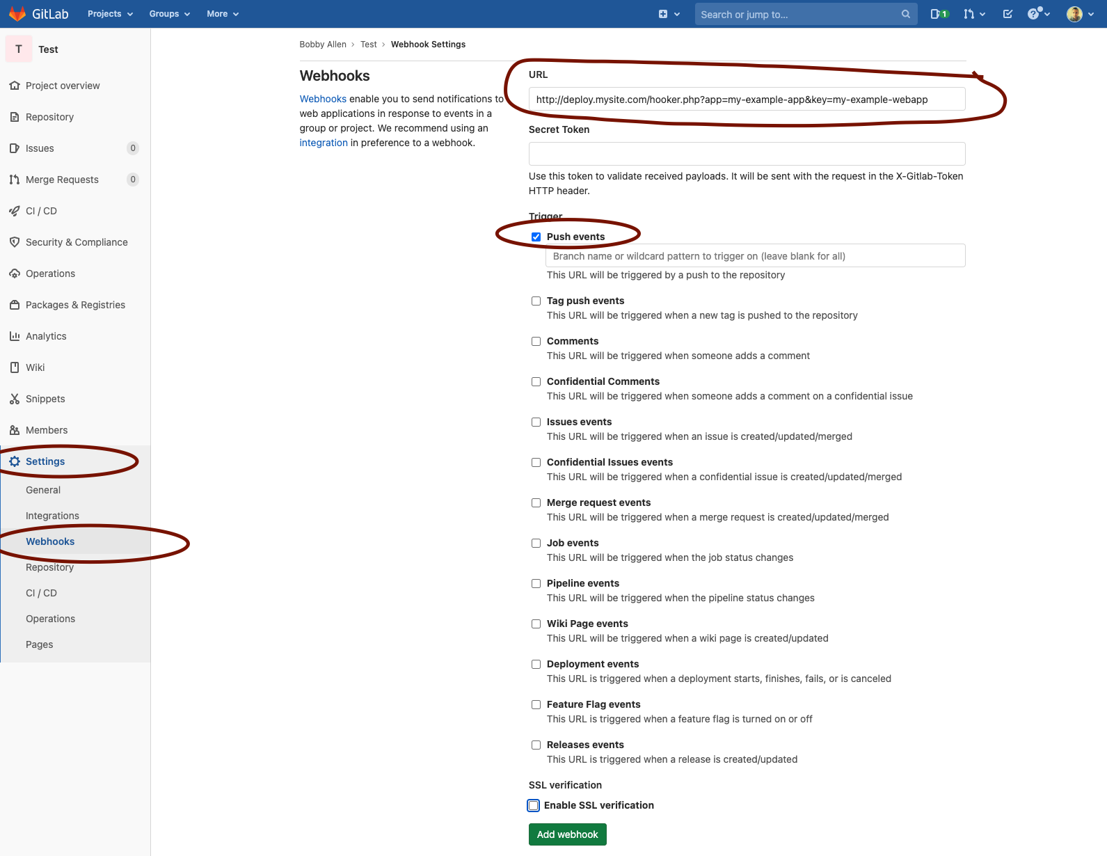 Example GitLab webhook configuration. GitLab web hook configuration