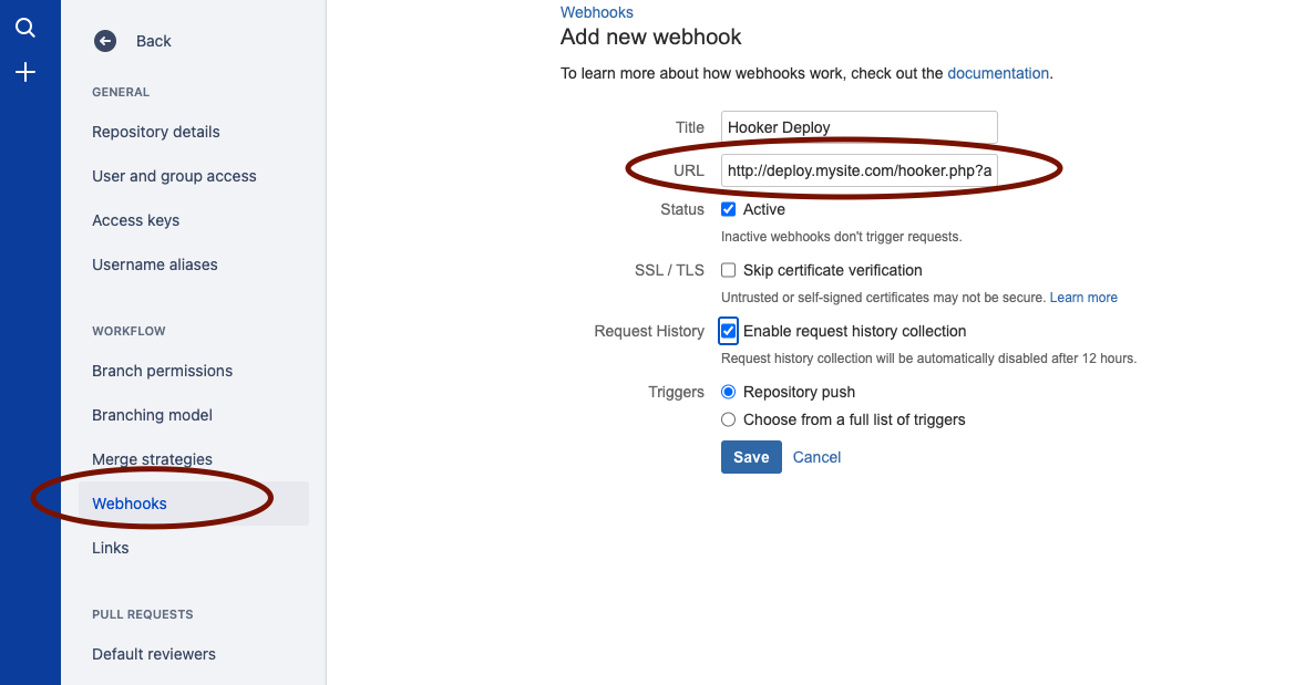 Example BitBucket webhook configuration. BitBucket web hook configuration